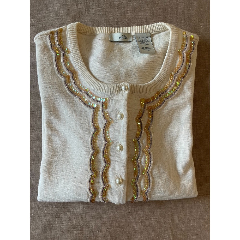 Vintage Y2K Odille Cardigan Sweater Sz S Beaded Sequins Pearls Old Money Cottage - Picture 2 of 8